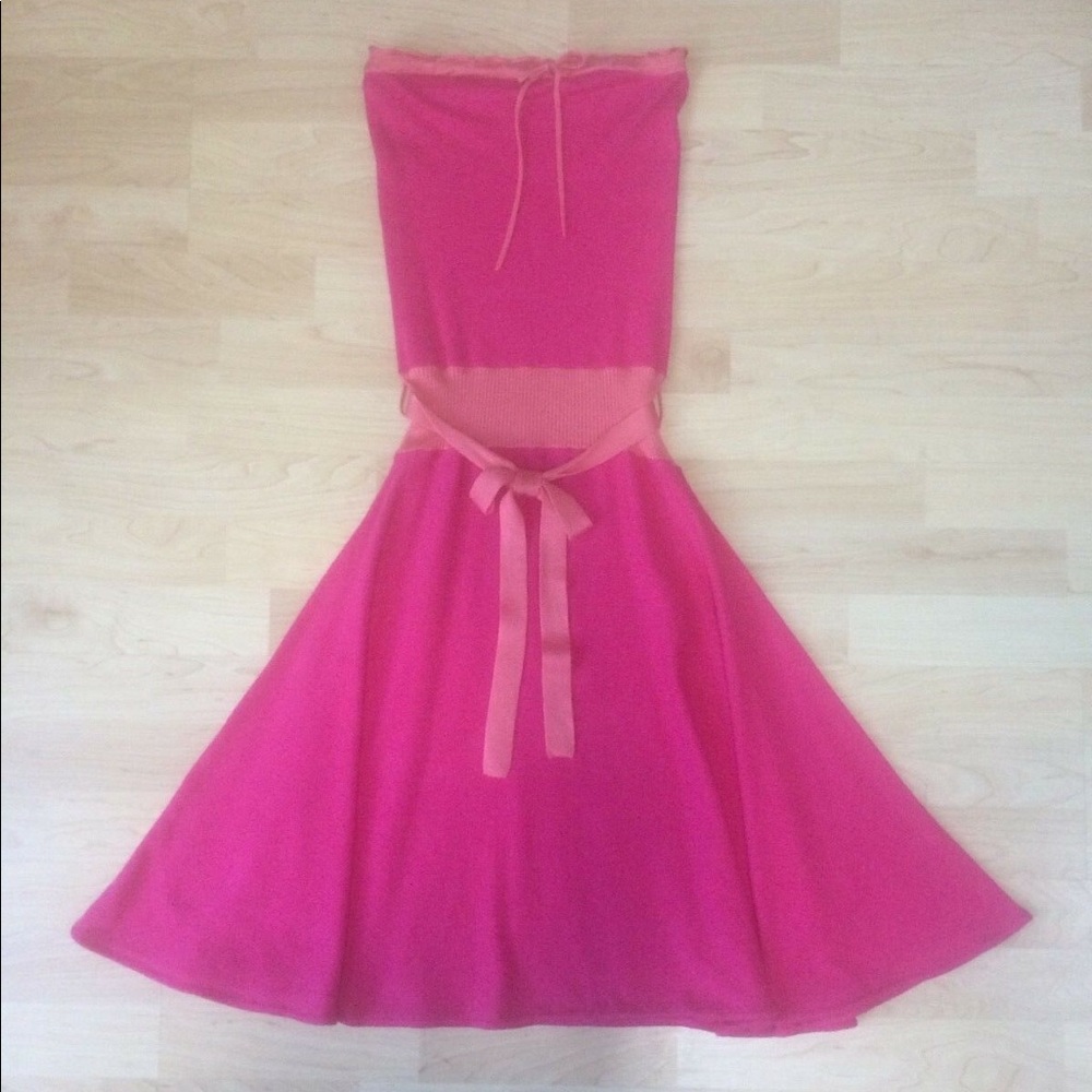 Split Pink Strapless Midi Length Dress